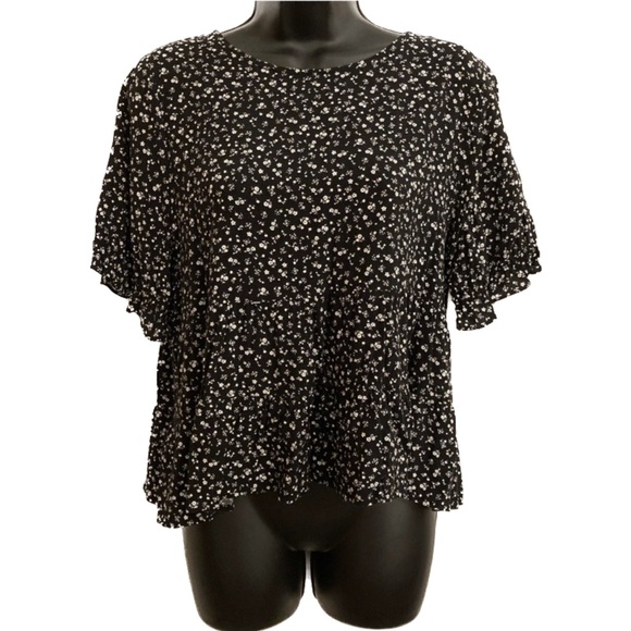 Paper Crane Black White Ditsy Floral Spring Blouse Whimsical Boho Babydoll Top - Picture 4 of 17